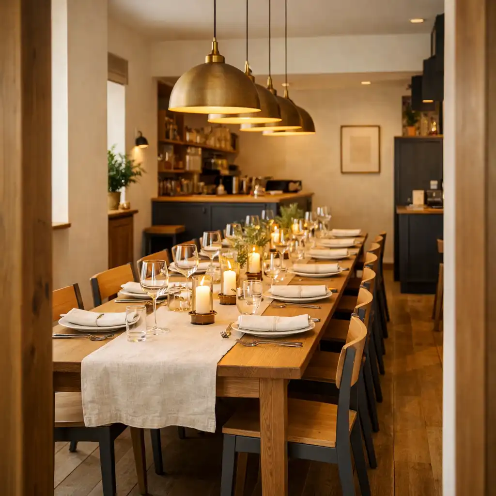Przygotowany wspólny stół w spokojnym wnętrzu bistro