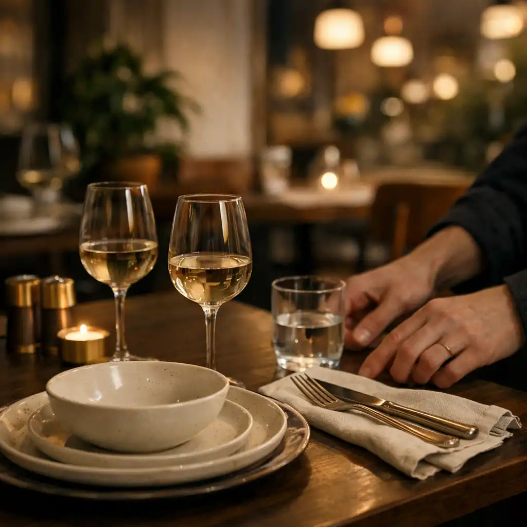 Starannie nakryty stolik dla dwóch osób w ciepłym świetle bistro