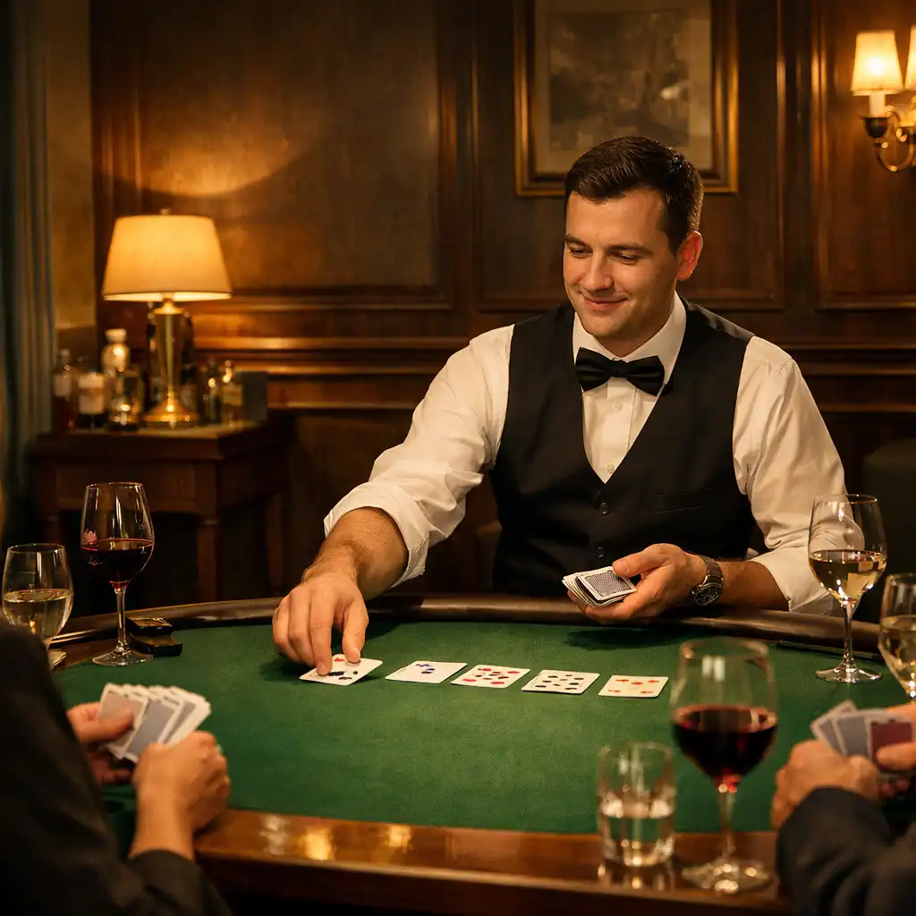 Dorośli goście i krupier przy eleganckim zielonym stole w kameralnym salonie